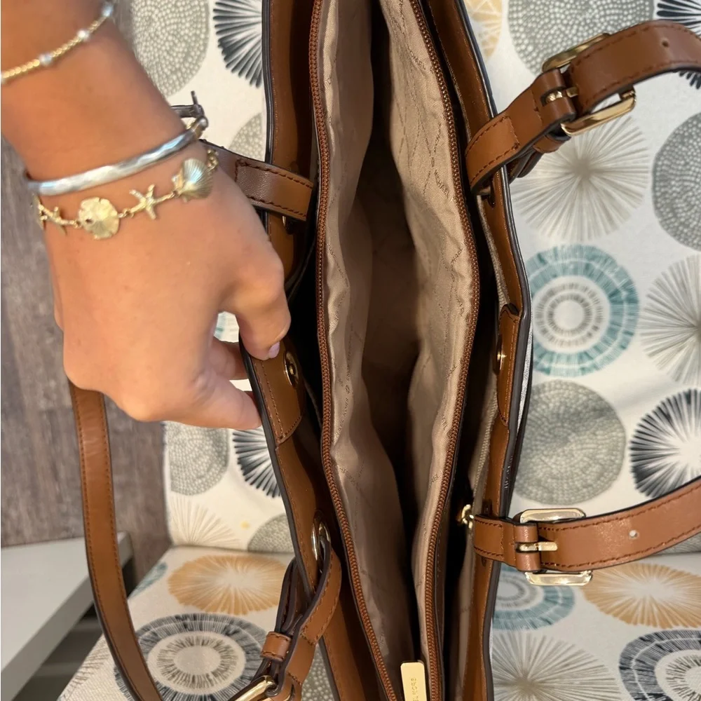 Michael Kors White Signature Tote with Brown Trim